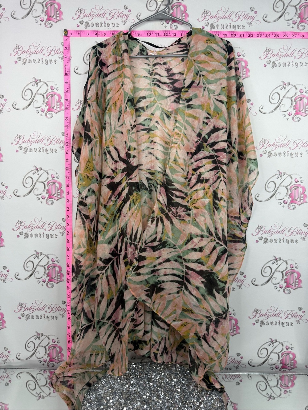 Cardigan leafs tropical Sheer Tropical Leaf Kimono Cardigan - Pink Green Black